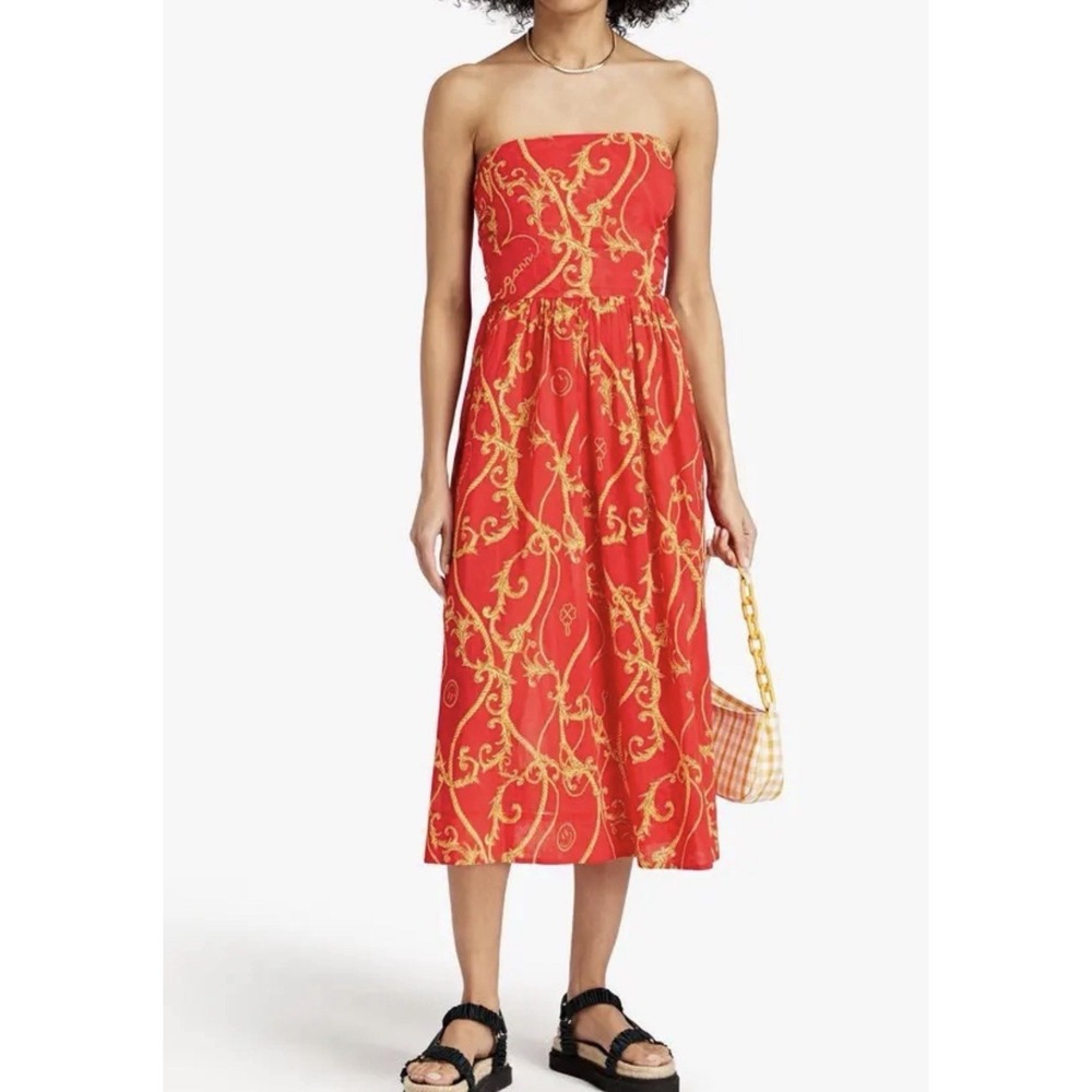 NWT Ganni Convertible‎ Strapless Cotton-Voile Midi Dress Red Xxs/xs